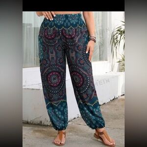 SHEIN VCAY 3X Plus Size Plant Printed Shirred Waist Summer Pants